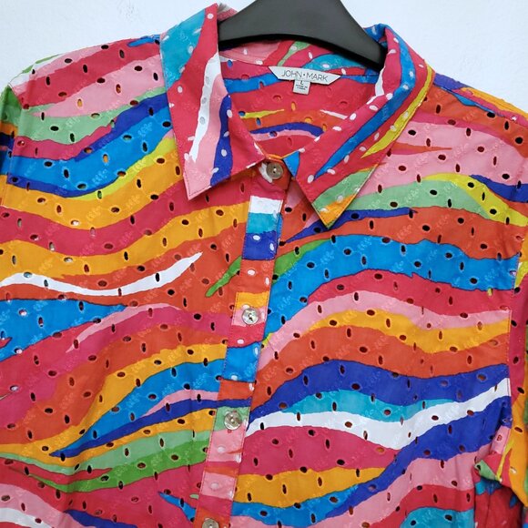 John Mark Eyelet Embroidered Watercolor Roll-Tab Sleeve Button Front Top Large - Picture 5 of 14